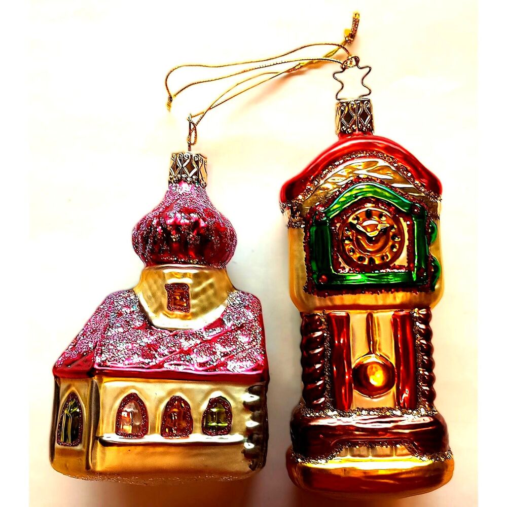 Christmas glass Ornaments set Church and Grandfather Clock Inge Glas Germany